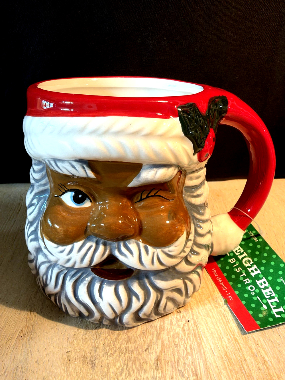 Sleigh Bell Bistro Winking African American Black Santa Christmas Coffee Mug NEW